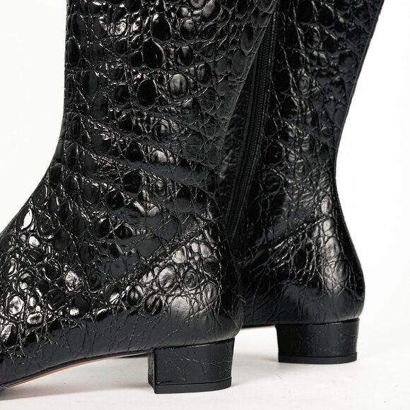 BY FAR Edie Black Circular Croco-Embossed Leather Knee-High Boots - Picture 8 of 11